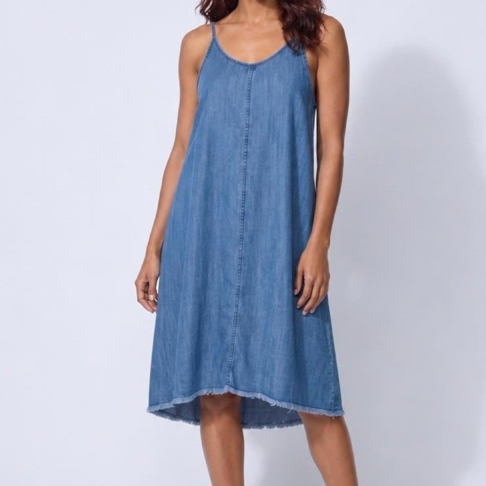 Mud Pie Shift Dress Women L Blue Sleeveless Tencel Frayed Hem Boho Tie Back
